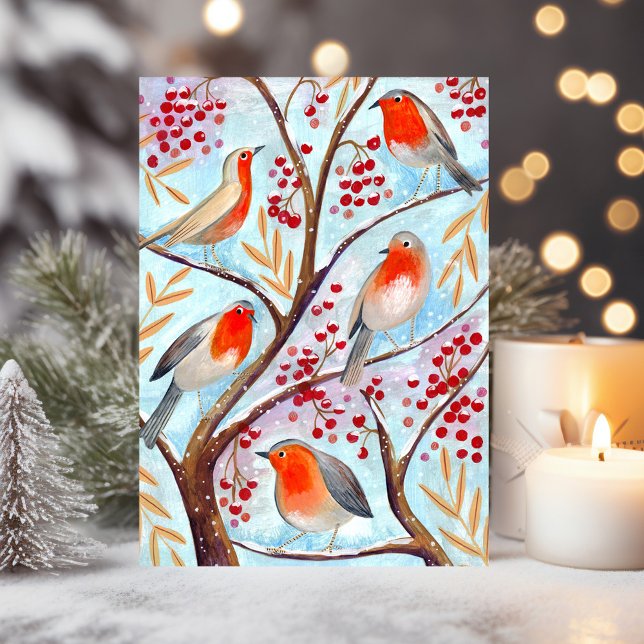 Cute Bird Red Robin Blue Christmas Family Holiday Card (Cute Bird Red Robin Blue Christmas Family Holiday Card)