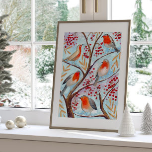 Cute Bird Red Robin Blue Christmas Family Poster