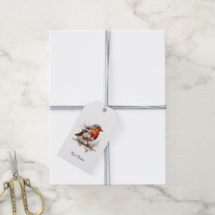 Cute bird red robin in watercolor gift tags