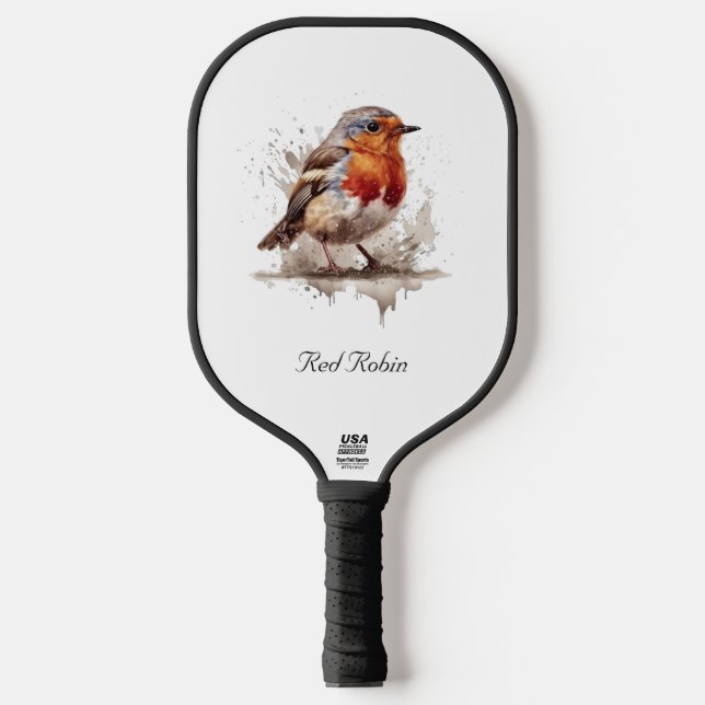 Cute bird red robin in watercolor pickleball paddle (Front)