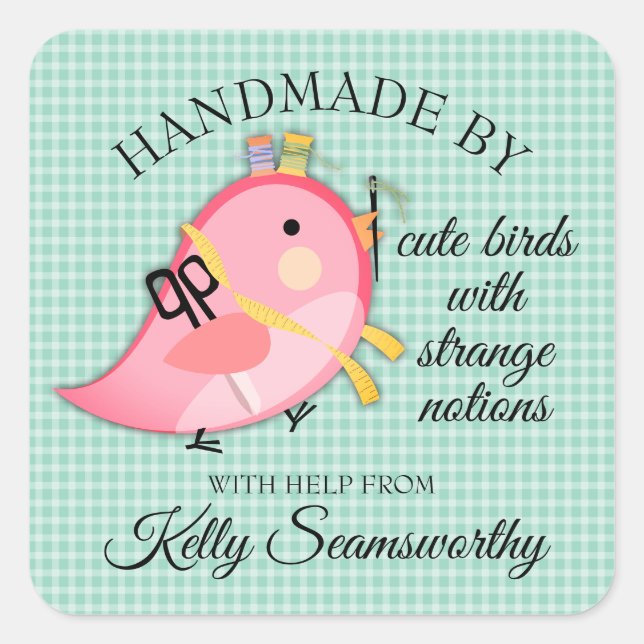 Cute bird sewing notions handmade by personalised square sticker (Front)