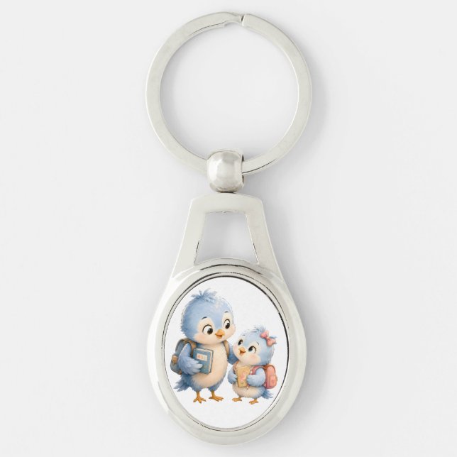 Cute Bird Siblings Metal Keychain (Front)