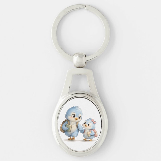 Cute Bird Siblings Metal Keychain (Front)