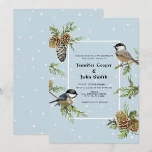 Cute Bird Snow Pine Cone Winter Wedding Invitation