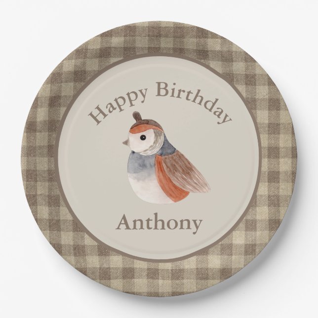 Cute Bird Watercolor Name Birthday Paper Plate (Front)