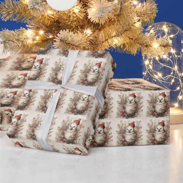 Cute Bird Wearing Red Hat in Holly Bush Wrapping Paper (Holidays)