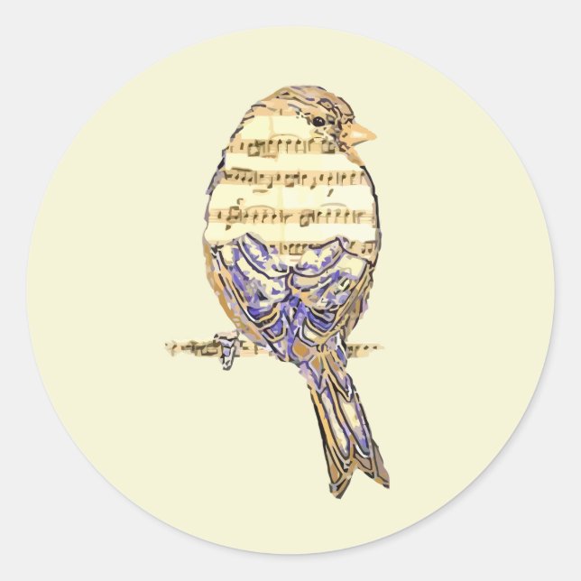 Cute Bird with Music Notes Customise  Classic Round Sticker (Front)