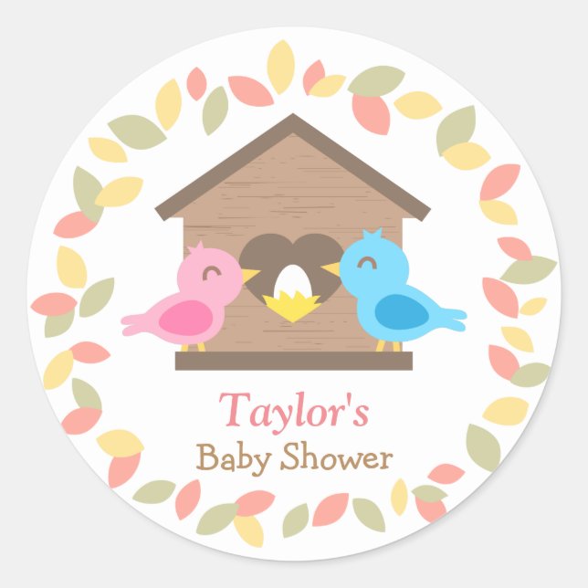 Cute Birdhouse Leaves Wreath Bird Baby Shower Classic Round Sticker (Front)
