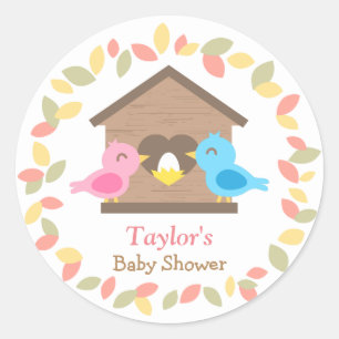 Cute Birdhouse Leaves Wreath Bird Baby Shower Classic Round Sticker