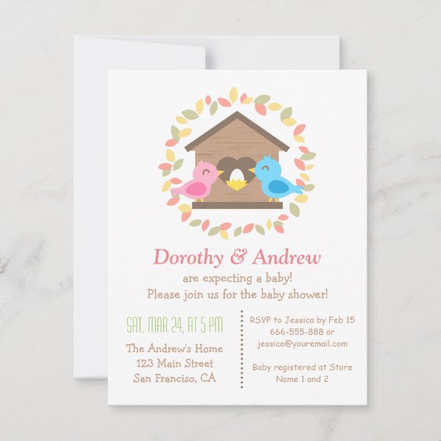 Cute Birdhouse Leaves Wreath Bird Baby Shower Invitation (Front)