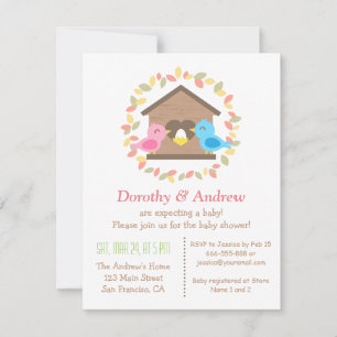 Cute Birdhouse Leaves Wreath Bird Baby Shower Invitation