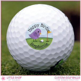 Cute Birdie on Putting Green Customizable Birthday Golf Balls