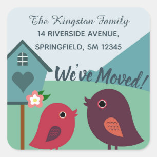 Cute Birds and Bird House We've Moved New Address Square Sticker