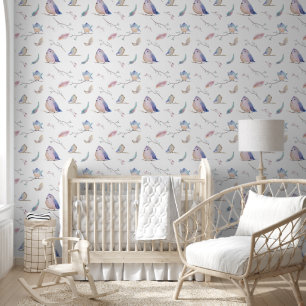 Cute Birds and Feathers Pattern Wallpaper