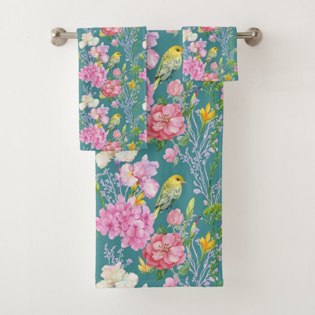 Cute birds and flowers bath towel set (Insitu)
