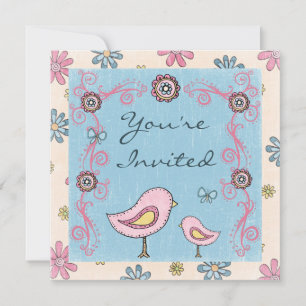 Cute Birds and Flowers Girls Baby Shower Invite