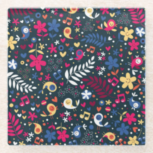 cute birds and flowers pattern glass coaster
