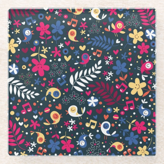 cute birds and flowers pattern glass coaster (Front)