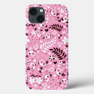 cute birds and flowers pink pattern iPhone 13 case