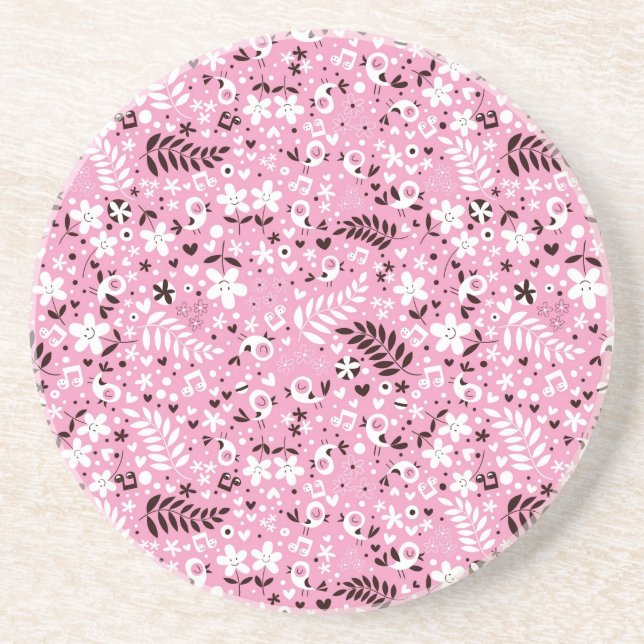 cute birds and flowers pink pattern coaster (Front)
