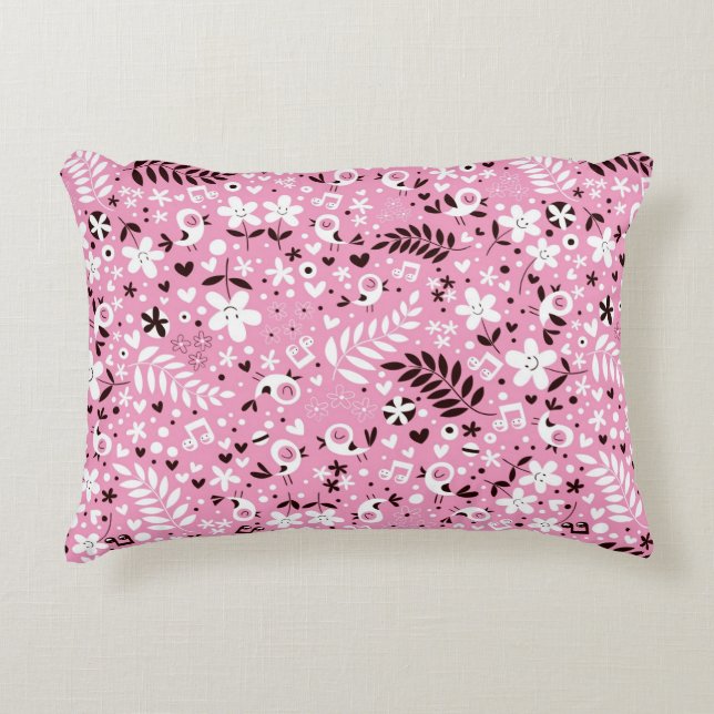 cute birds and flowers pink pattern decorative cushion (Front)