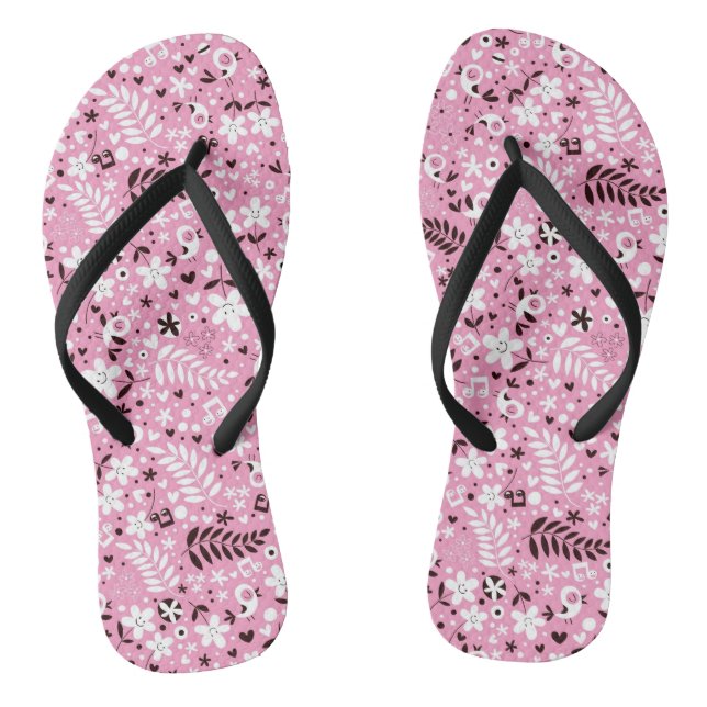 cute birds and flowers pink pattern thongs (Footbed)