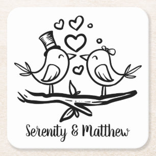 Cute Birds Black White Lovebirds Wedding Square Paper Coaster