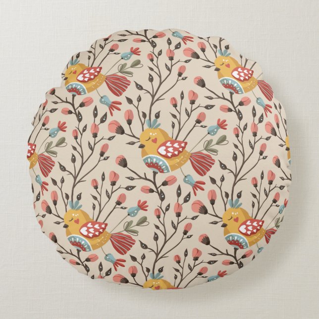 Cute Birds Boho Pattern Round Cushion (Front)