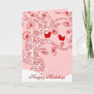 Cute Birds Damask Swirl Tree Stars Happy Holidays Holiday Card