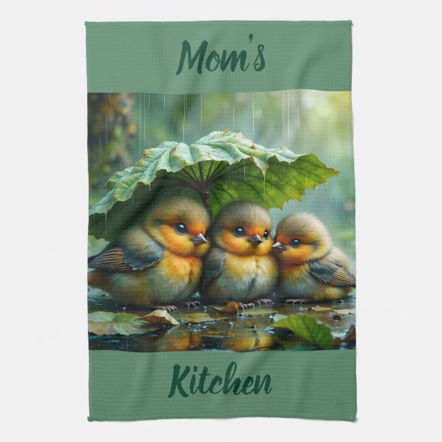 Cute birds hiding under leaf in rain, Mom Tea Towel (Vertical)