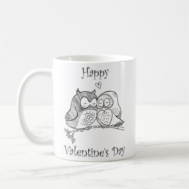 Cute Birds Love Couple Owl Romance Line Art No 1/3 Coffee Mug (Left)