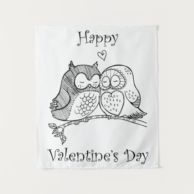 Cute Birds Love Couple Owl Romance Line Art No 1/3 Tapestry (Front)