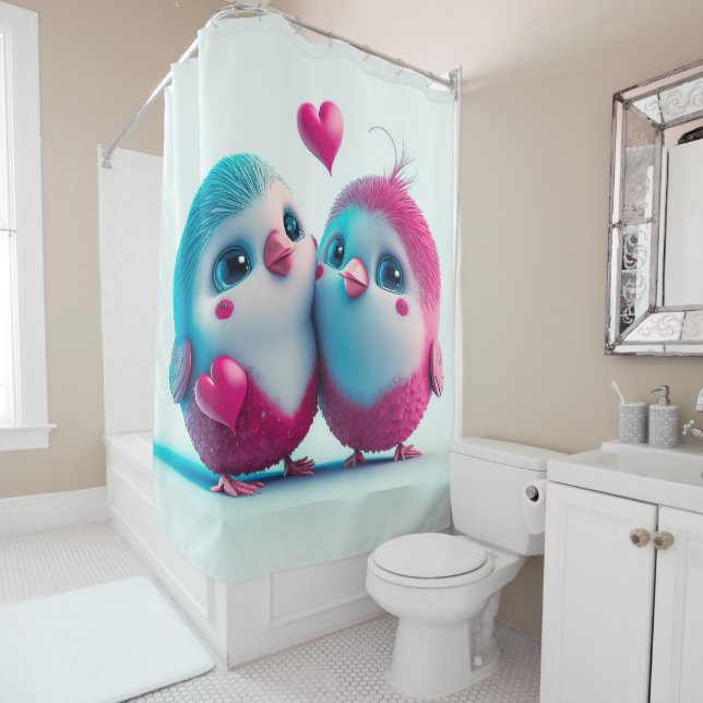 Cute Birds Love Hearts Valentine Inspired Artwork Shower Curtain (In Situ)