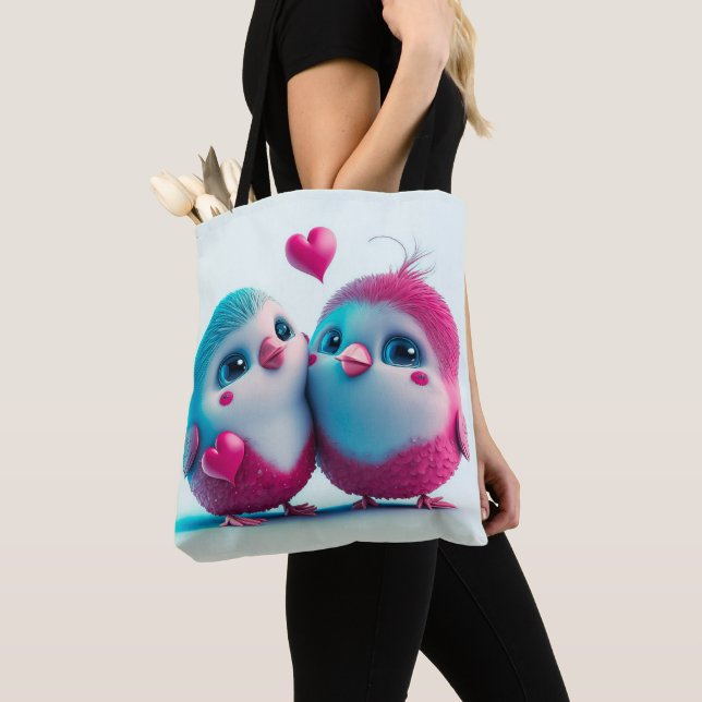 Cute Birds Love Hearts Valentine Inspired Artwork Tote Bag (Close Up)