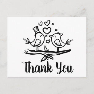 Cute Birds Loverbird Black White Wedding Thank You Postcard