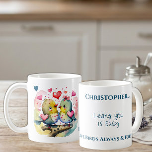 Cute birds loving you personalised name blue coffee mug