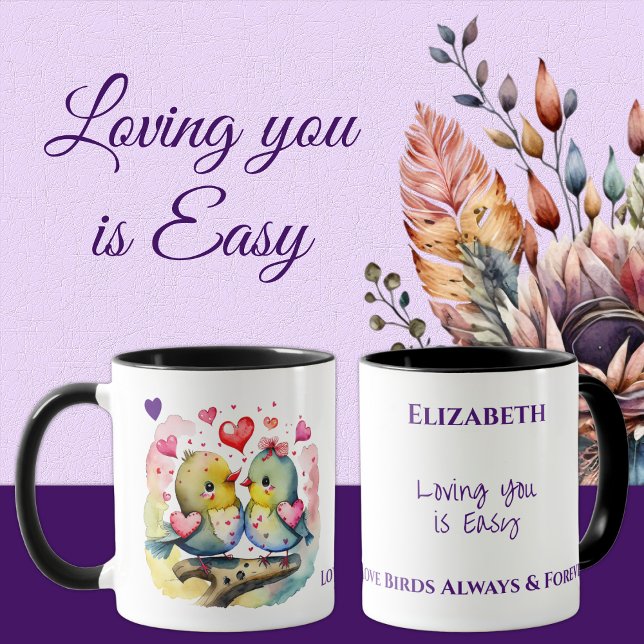 Cute birds loving you personalised name purple mug (Creator Uploaded)