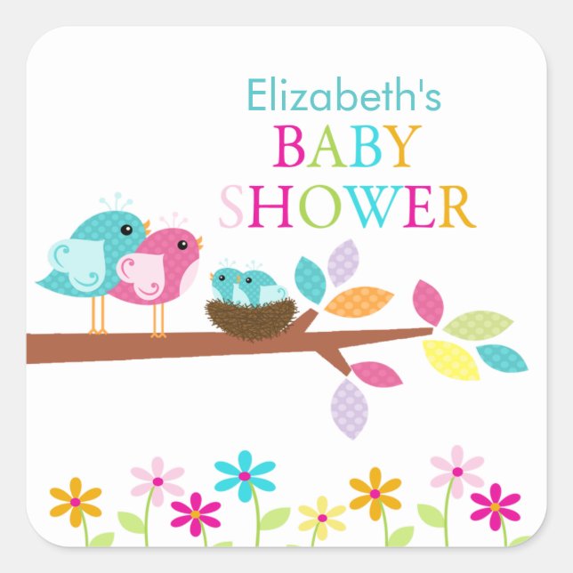 Cute Birds Nest Thank You Twins Baby Shower Square Sticker (Front)