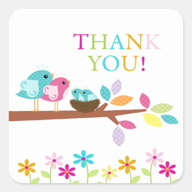 Cute Birds Nest Thank You Twins Baby Shower Square Sticker (Front)