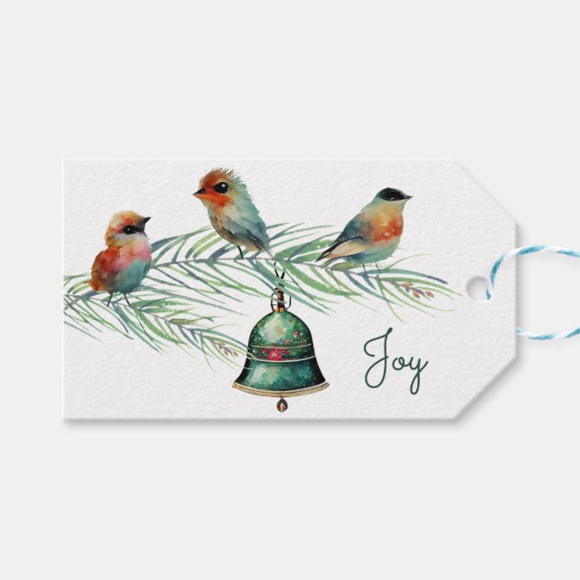 Cute Birds on a Pine Branch Christmas Tag (Front (Horizontal))