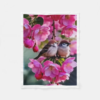 Cute Birds on Pink Cherry Blossom Trees Fleece Bla Blanket