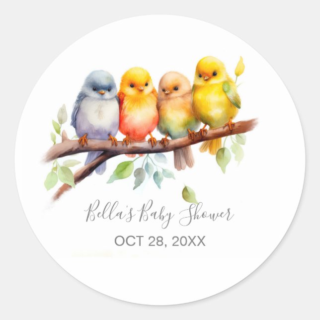Cute Birds on Tree Branch Baby Shower  Classic Round Sticker (Front)