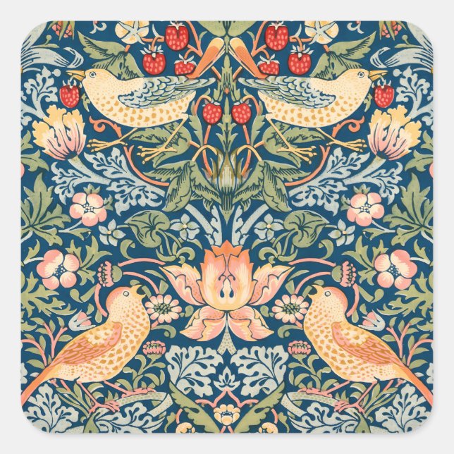 Cute Birds, Strawberry Thief Vintage Art Square Sticker (Front)