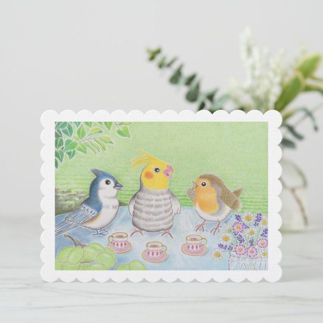 Cute Birds Tea Party Flat Card (Standing Front)