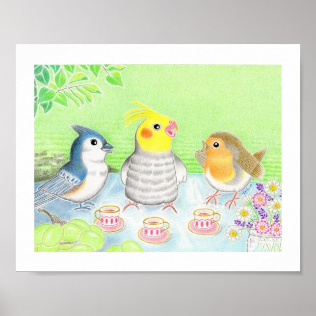Cute Birds Tea Party Nursery Art Print Poster (Front)