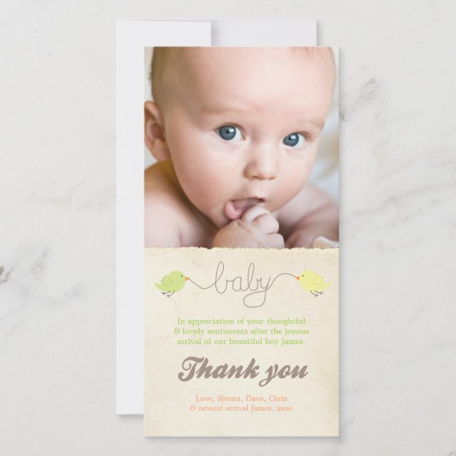 Cute Birds Thank You Baby Photo Card Template (Front)