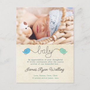 Cute Birds Thank You Note Baby Boy Photo Template Postcard