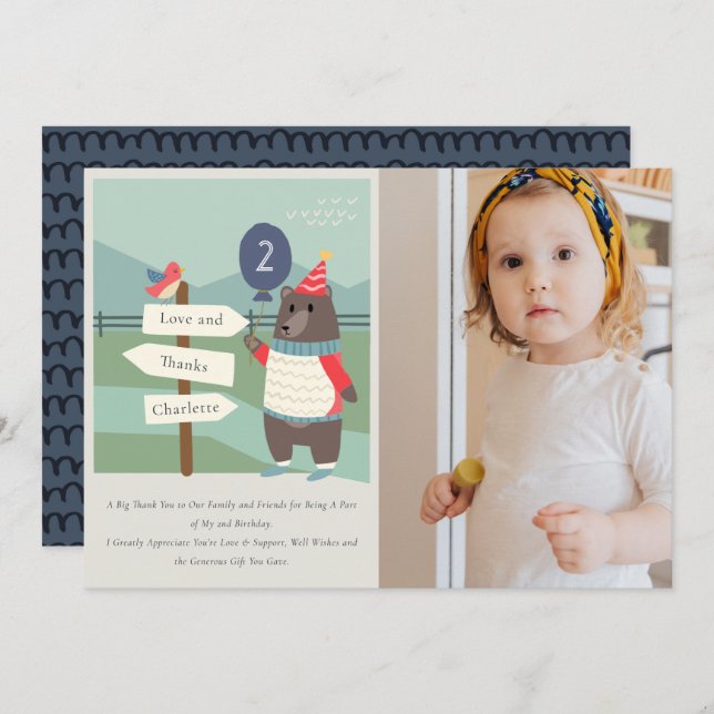 Cute Birdy Bear Milestone Any Age Photo Birthday Thank You Card (Front/Back)