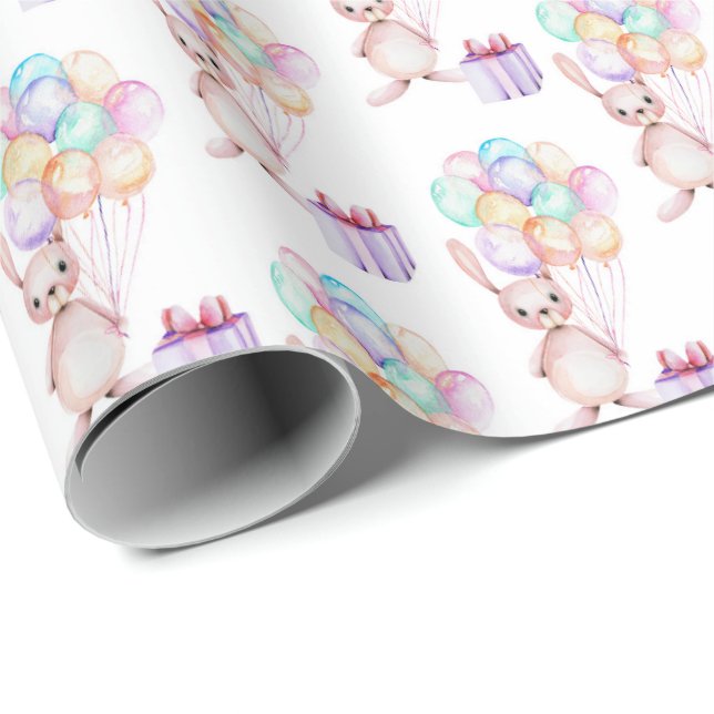 cute Birthday balloon bunny tiled party Wrapping Paper (Roll Corner)