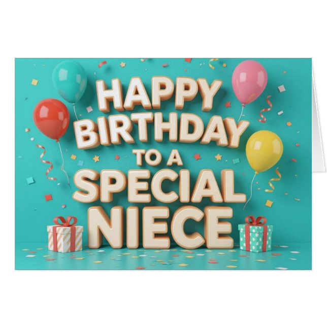 Cute Birthday Balloons and Gifts Card for Niece (Front Horizontal)